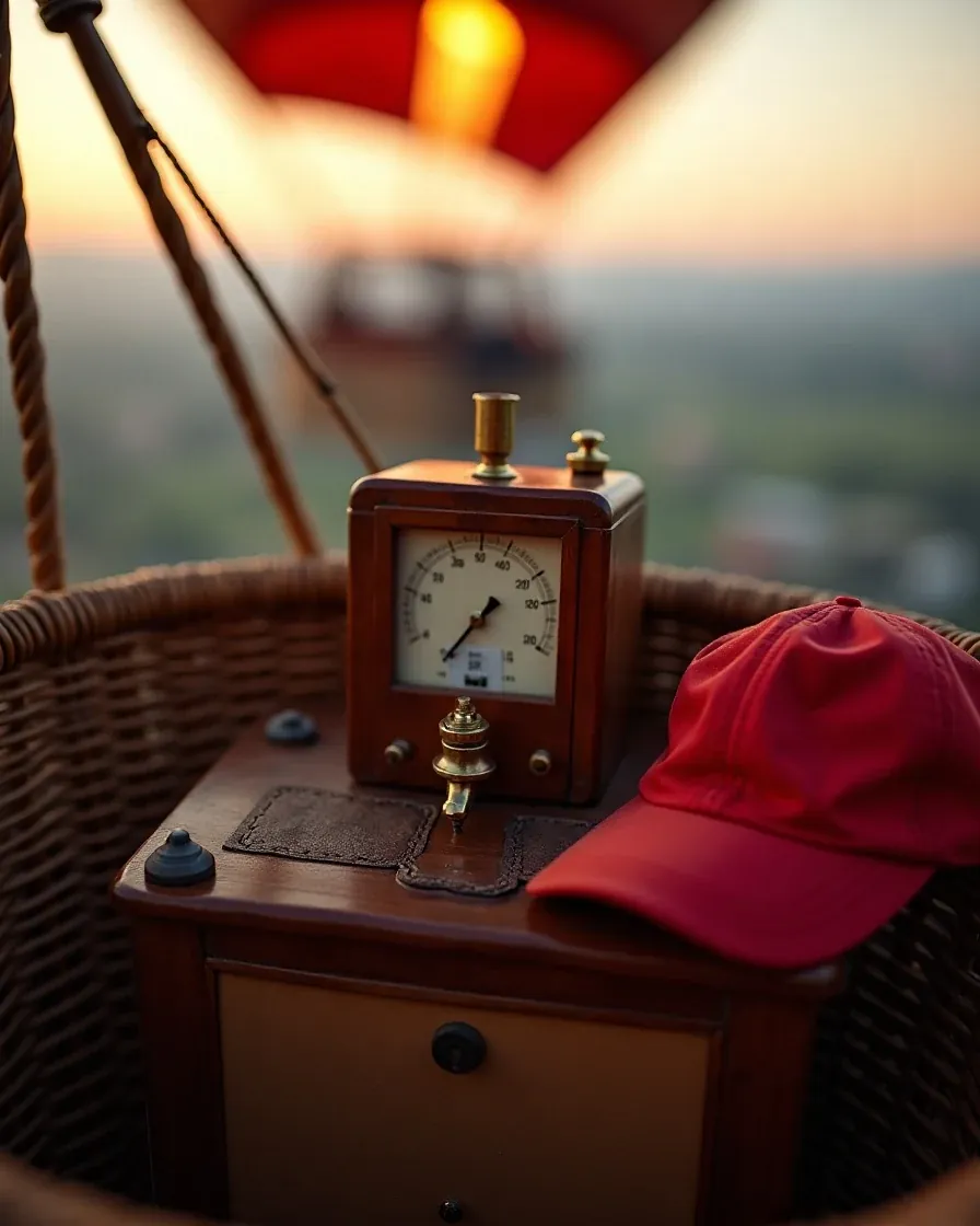 Hot-air balloon basket with brass flight instruments at sunrise