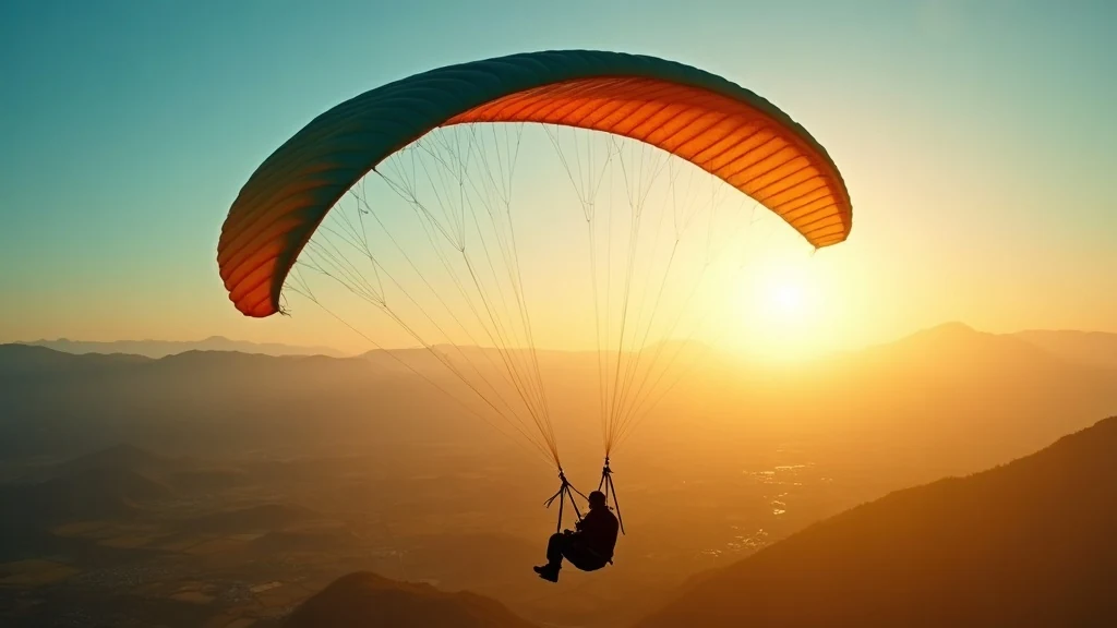 Parapente sobre montañas al amanecer con niebla en los valles