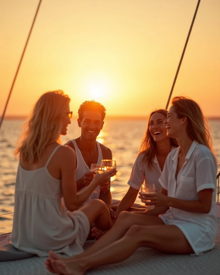 A group enjoying a catamaran ride at sunset