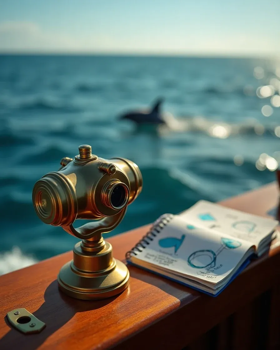 Bronze binoculars on the railing of a ship, with the sea in the background