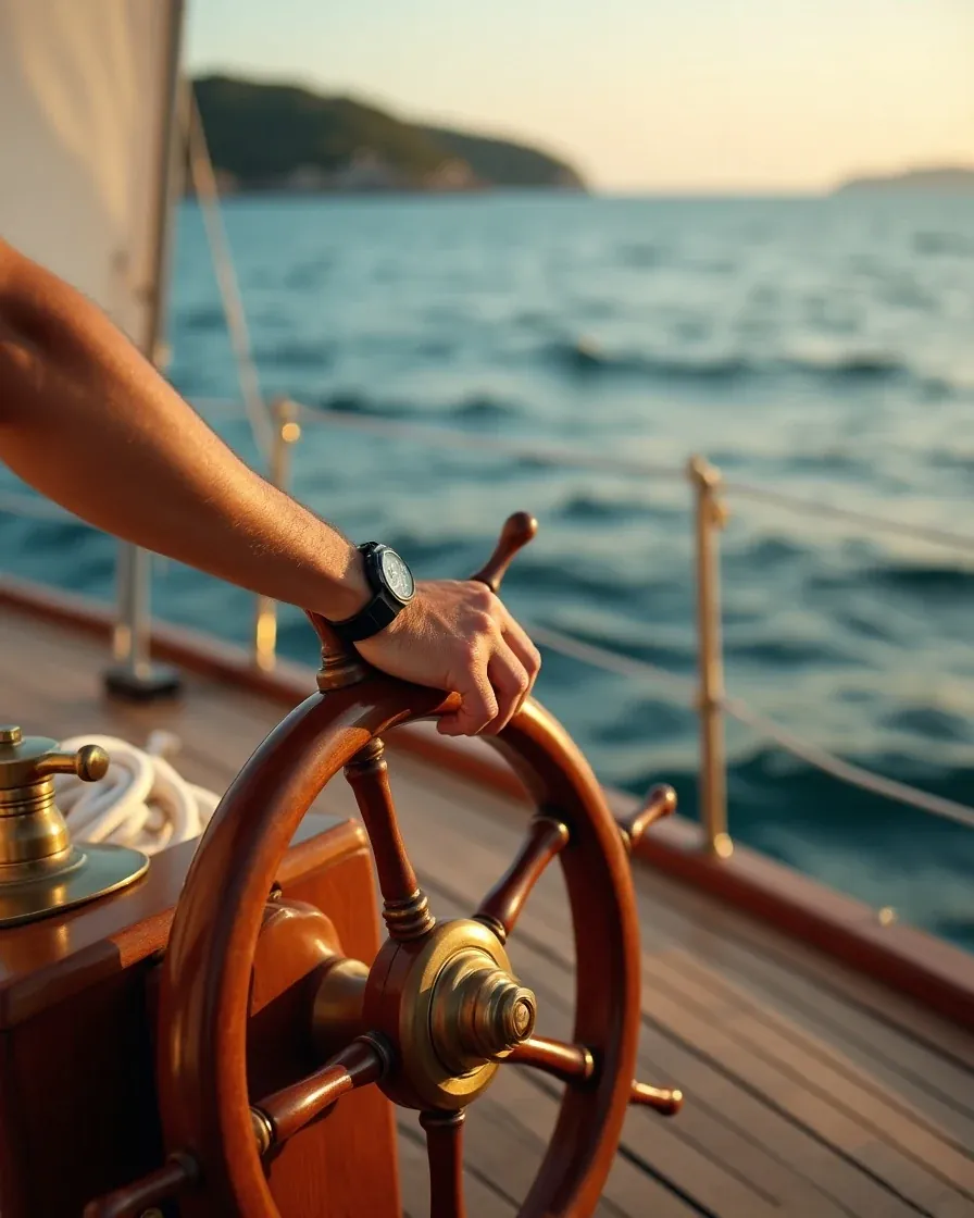 The deck of a sailboat with a wooden rudder and a coiled rope at sunset