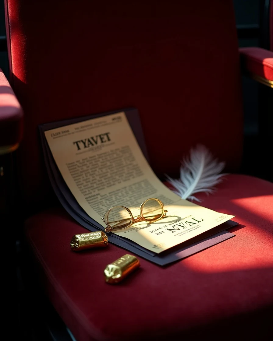A folded theater program with a printed ticket, brass opera cufflinks, and a white feather on a burgundy velvet armchair illuminated by a warm spotlight