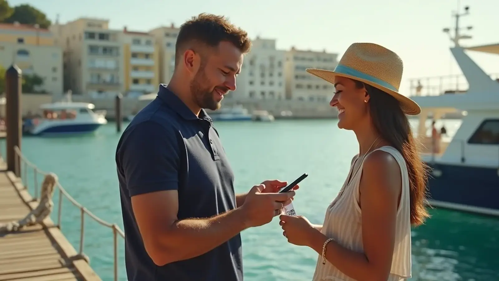 Marinero validando un ticket QR en el móvil antes del embarque de una excursión en barco