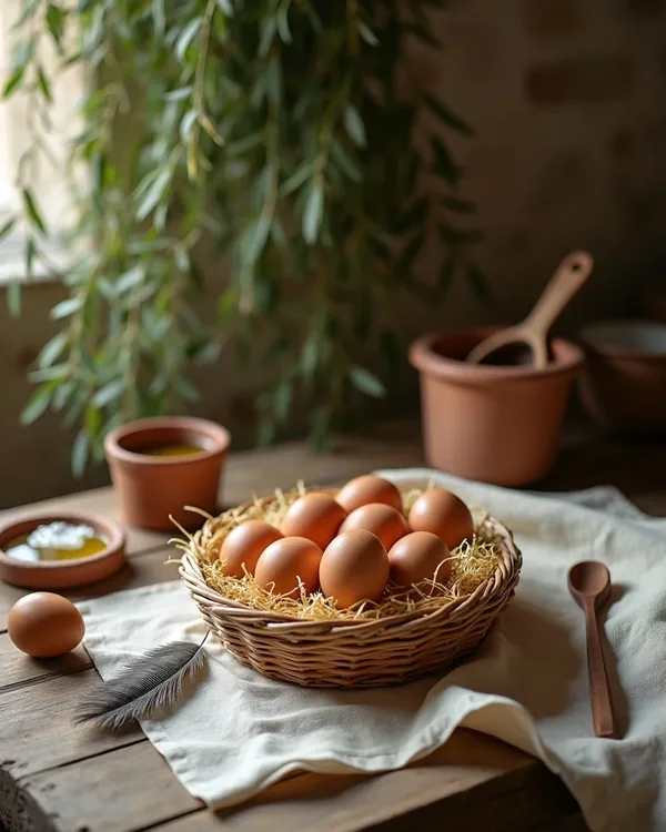 Cestino di uova fresche su paglia con una piuma e olio d'oliva su un tavolo rustico di legno