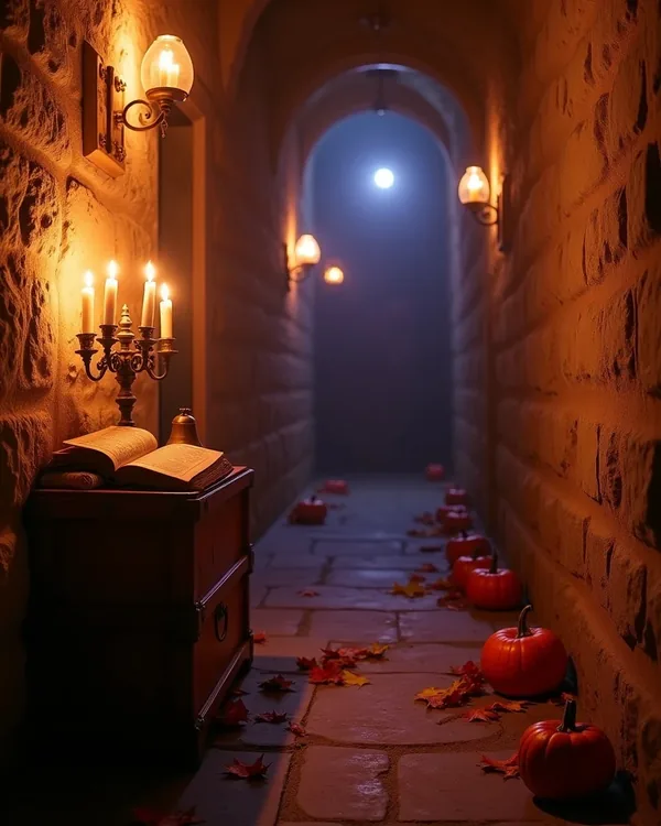 Percorso a tema con candelabro e nebbia bassa illuminata di colore ambra