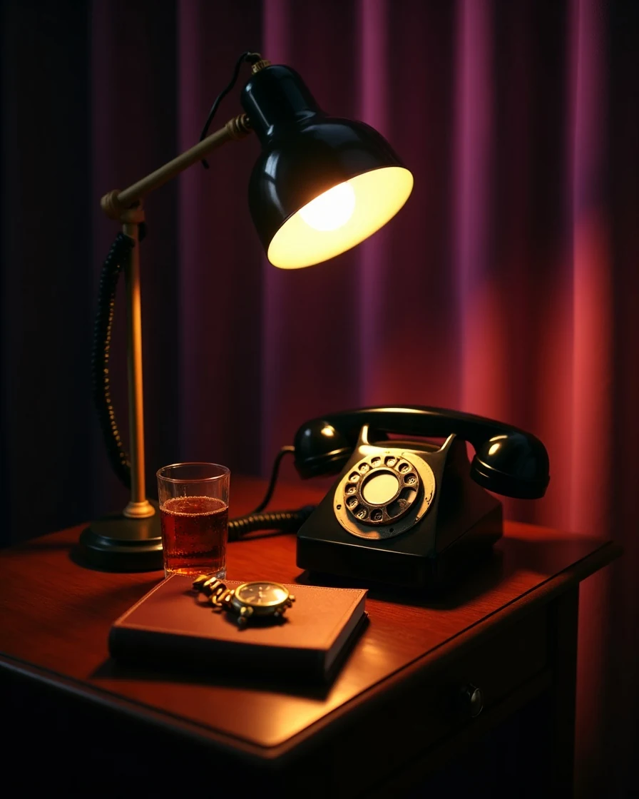 Un telefono vintage a disco su un tavolo in mogano, in un set narrativo illuminato dalla luce calda di una lampada al tungsteno