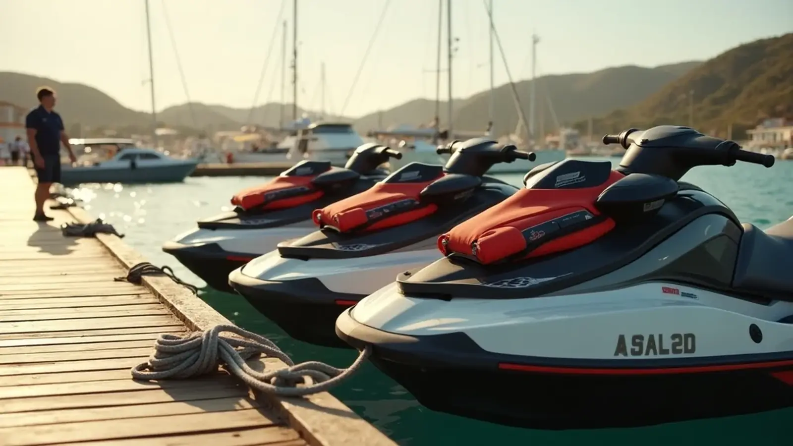 Motos de agua alineadas en el pantalán antes de la próxima salida