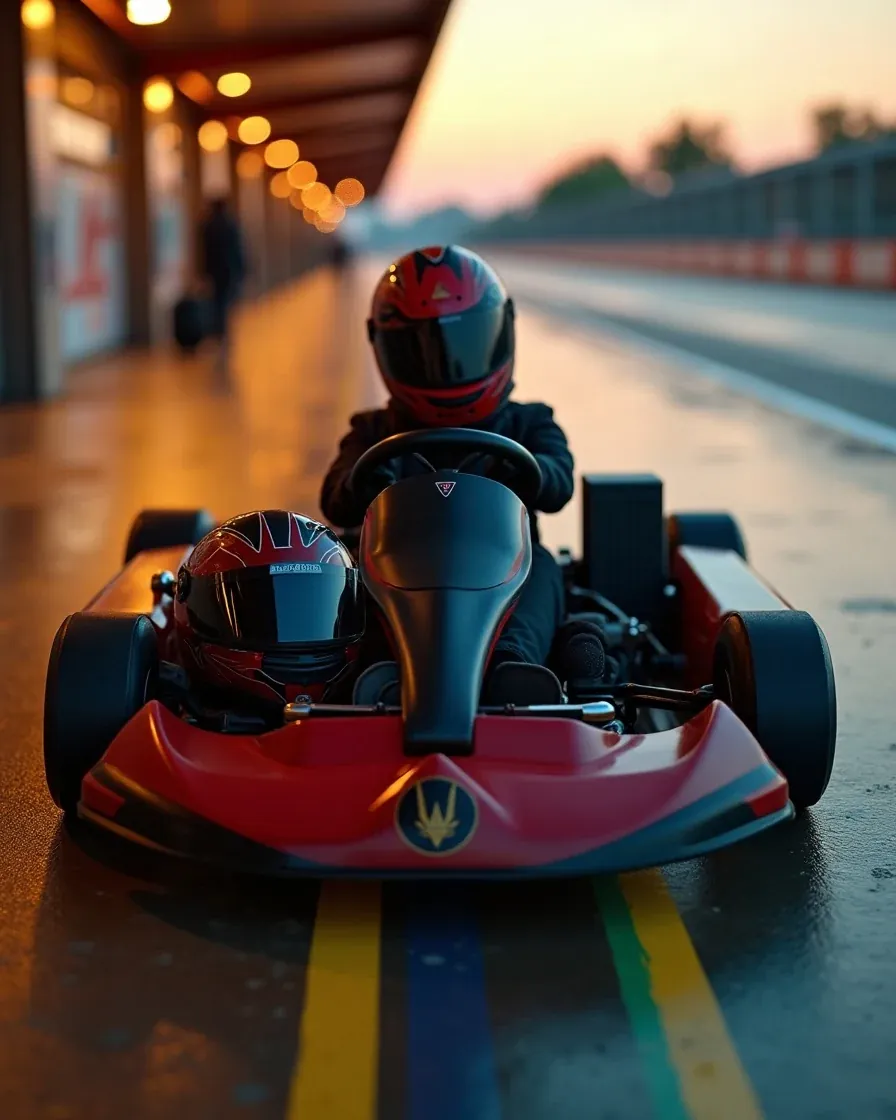 Un kart da corsa rosso e nero parcheggiato nella pit lane, con un casco integrale nero con visiera rossa appoggiato sul sedile al tramonto