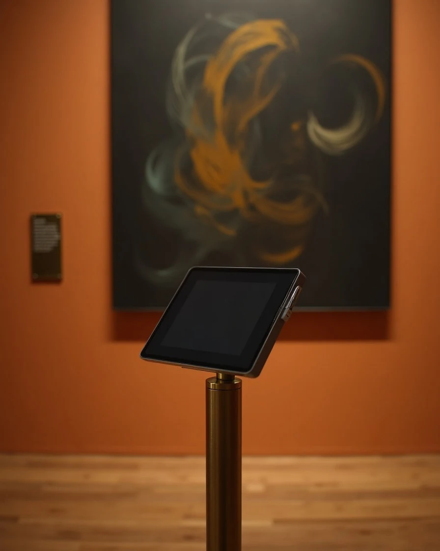 Audioguida su tablet collocata su un piedistallo di ottone davanti a un quadro astratto in una sala dalle pareti color ocra