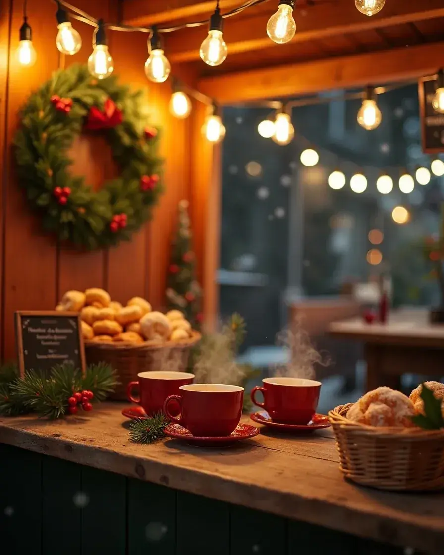 Balcão de uma barraca de Natal com chocolate quente, churros e uma guirlanda de pinheiro