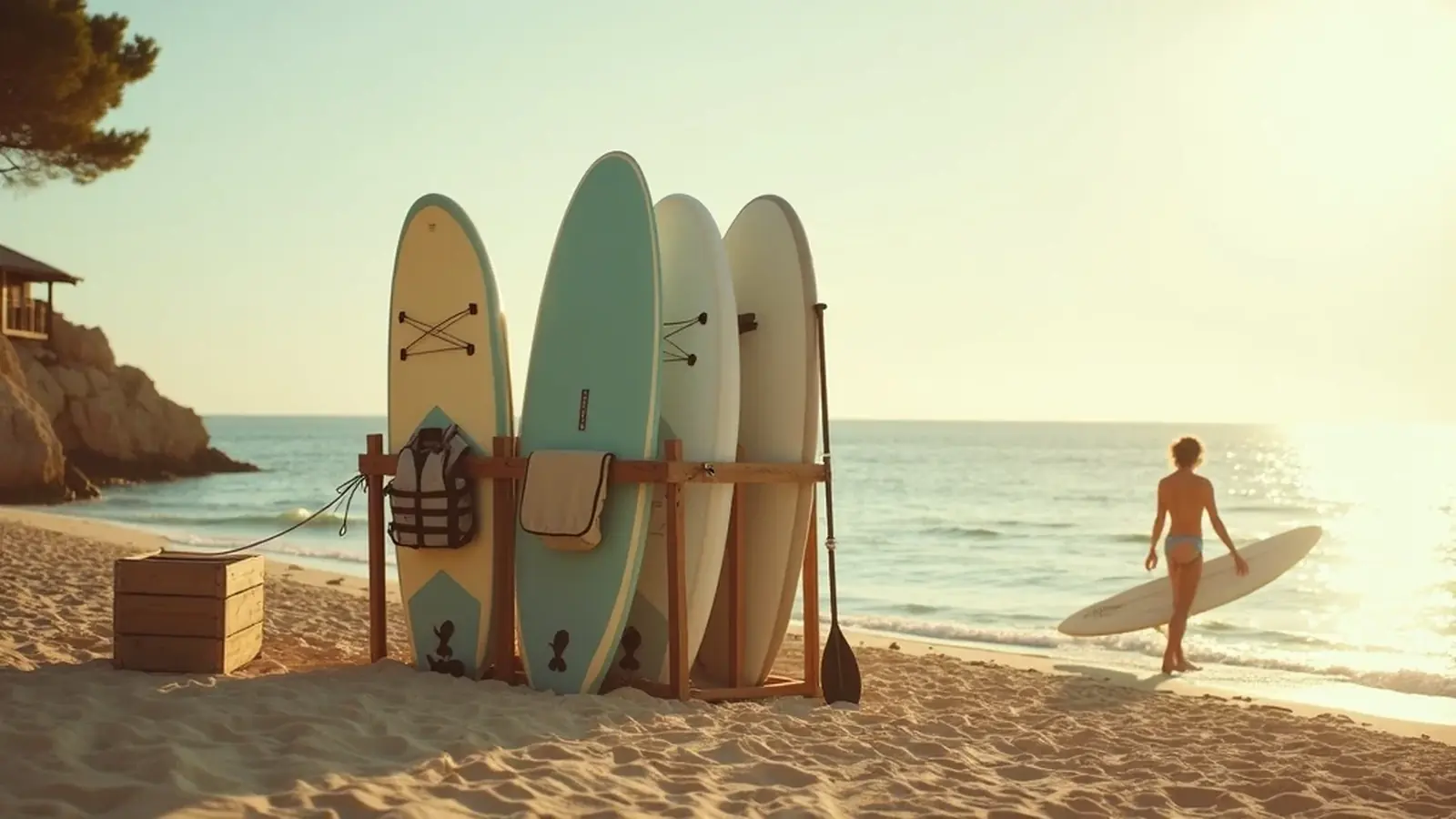 Tablas de SUP apoyadas en un rack de madera junto al agua con remos y chalecos listos para la siguiente sesión