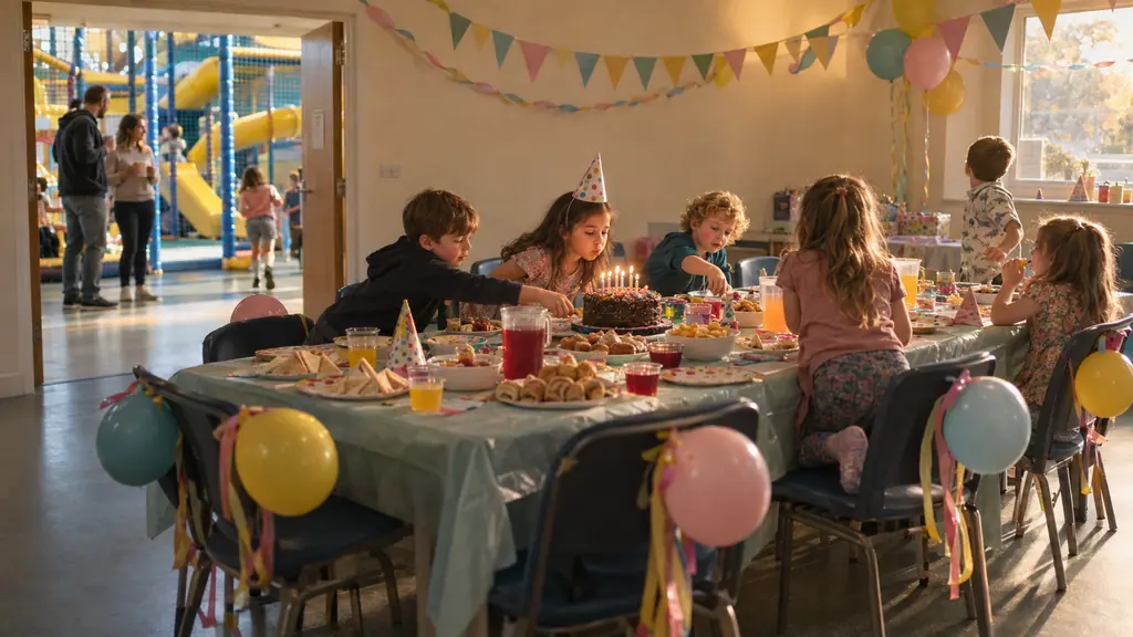 Sala privata per feste di compleanno in un centro di gioco al coperto: un lungo tavolo con la merenda servita e la torta con le candeline accese, bambini intorno, palloncini legati alle sedie e la struttura da gioco visibile dalla porta