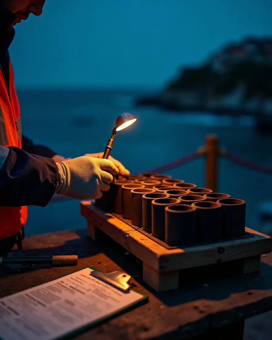 A pyrotechnician preparing a rocket on a coastal platform at sunset