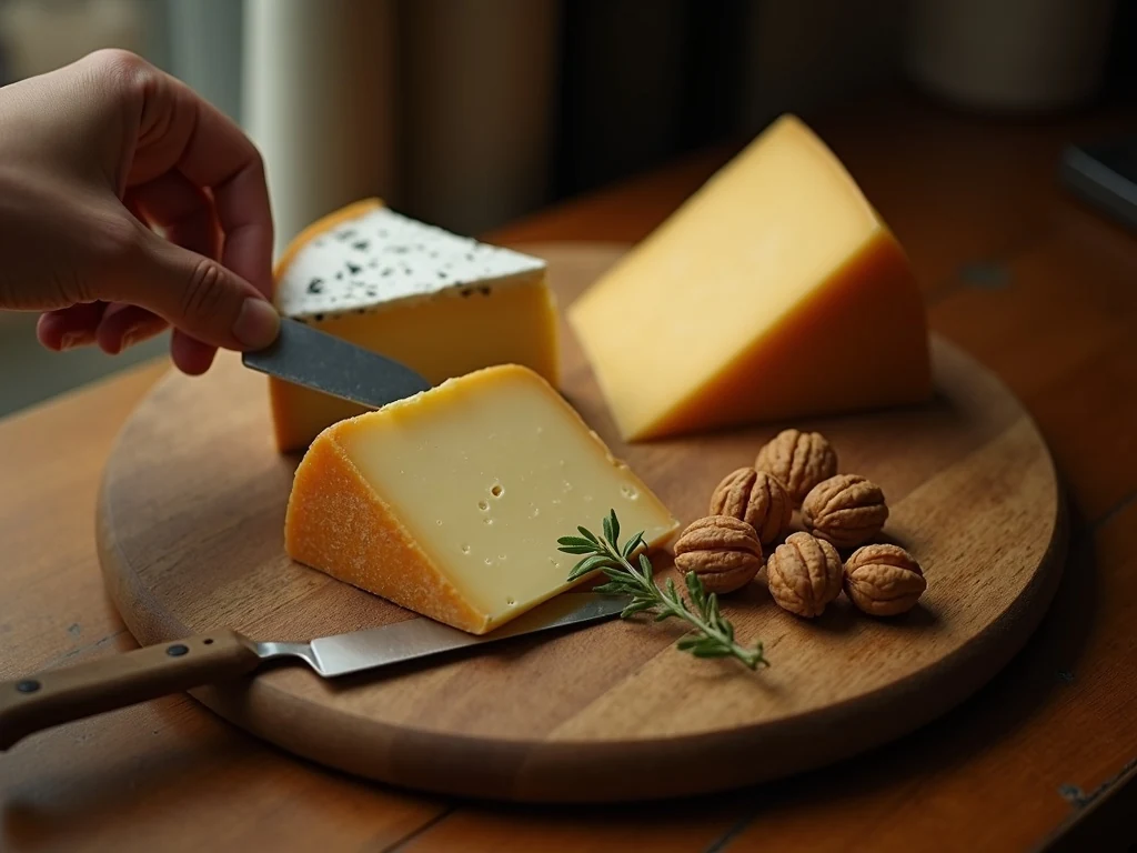 Tabla redonda de madera con tres cuñas de queso curado, cuchillo artesano, nueces y una rama de tomillo, iluminadas por luz de ventana cálida