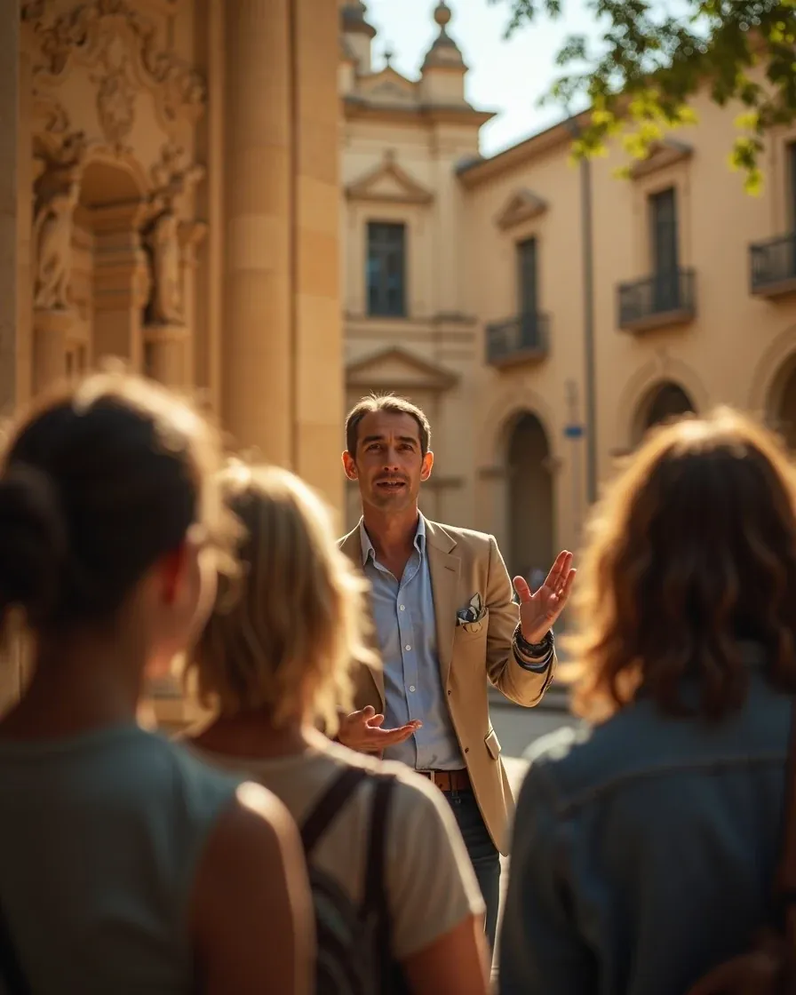 Guida turistica che illustra la storia a un gruppo di turisti