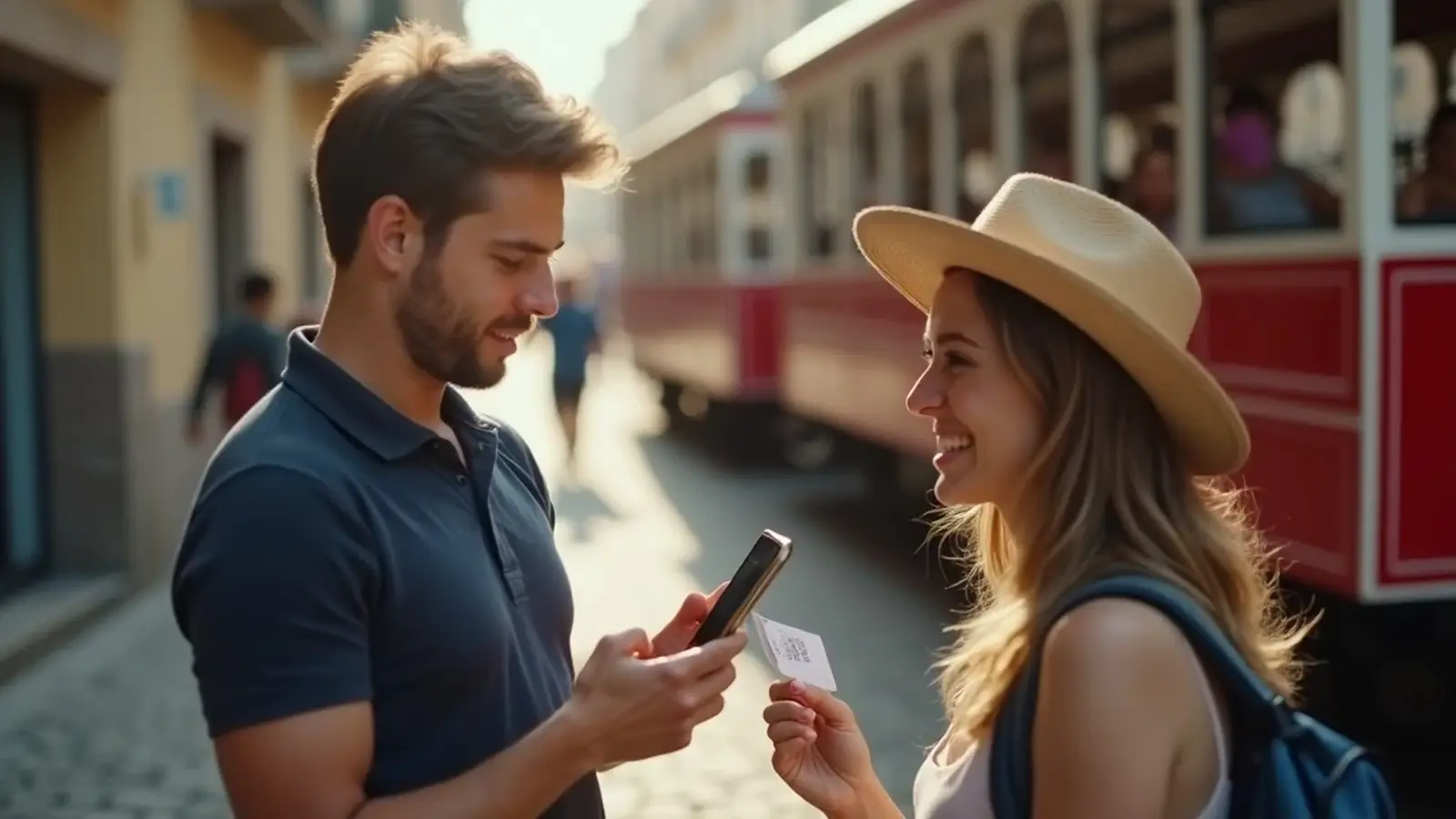 Guía escaneando un ticket QR en el móvil junto a un tren turístico urbano antes del embarque