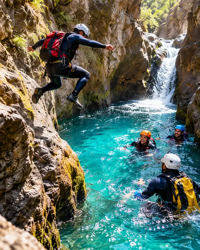 Una persona salta in una pozza d’acqua turchese in un canyon mentre i compagni la aspettano nuotando accanto a una cascata.