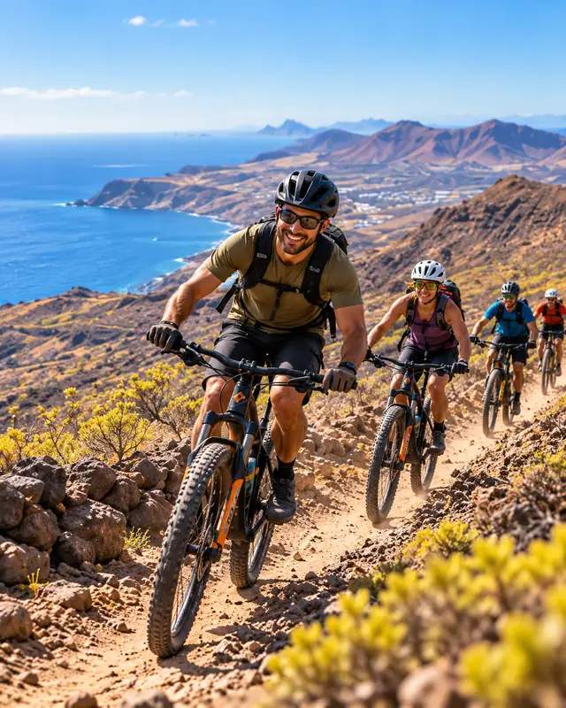 Un gruppo percorre in mountain bike un sentiero sterrato tra la macchia, con il mare e le montagne vulcaniche alle spalle.