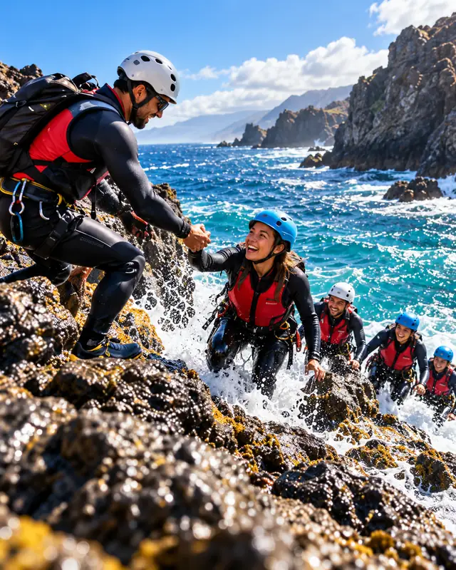 Una guida tende la mano a una partecipante per aiutarla a salire sugli scogli durante un’uscita di coasteering, con il resto del gruppo in acqua.