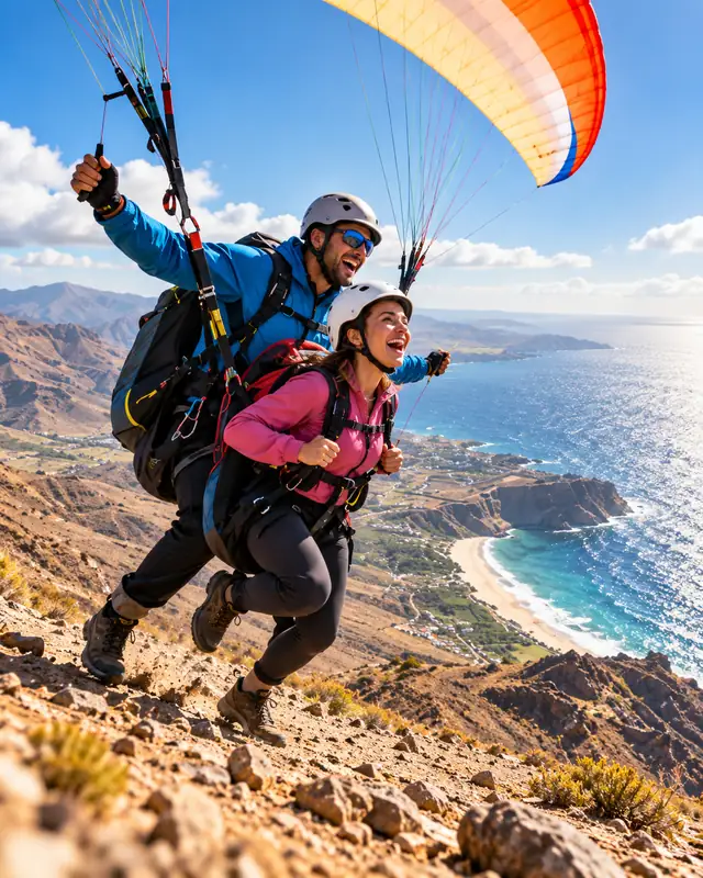 Un pilota e una passeggera decollano in parapendio biposto da un pendio sopra la costa, ridendo, con il mare e una spiaggia sullo sfondo.