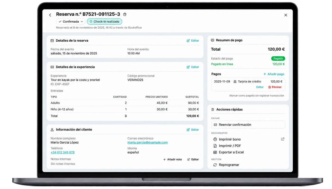 Ficha de uma reserva no painel da TuriTop: estado confirmada e check-in feito, data e hora do evento, a experiência com o detalhe dos bilhetes por tipo e preço, os dados do cliente, o resumo do pagamento e as ações rápidas para reenviar a confirmação, imprimir o voucher, exportar e reagendar.