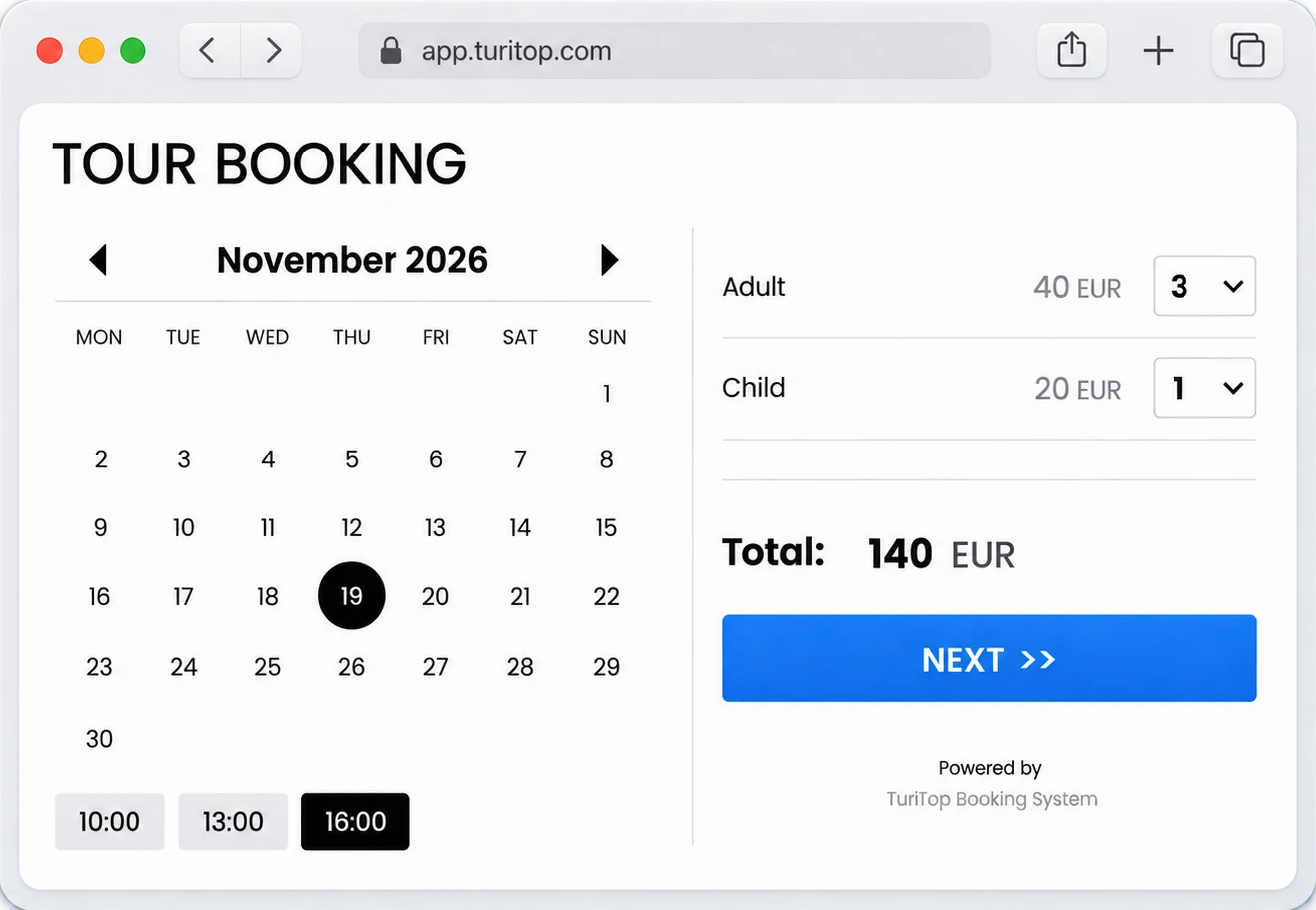 Widget de reservas da TuriTop integrado num site: à esquerda o calendário do mês com o dia escolhido e por baixo as horas disponíveis, e à direita os tipos de bilhete de adulto e criança com o seu preço, o total da reserva e o botão para continuar.