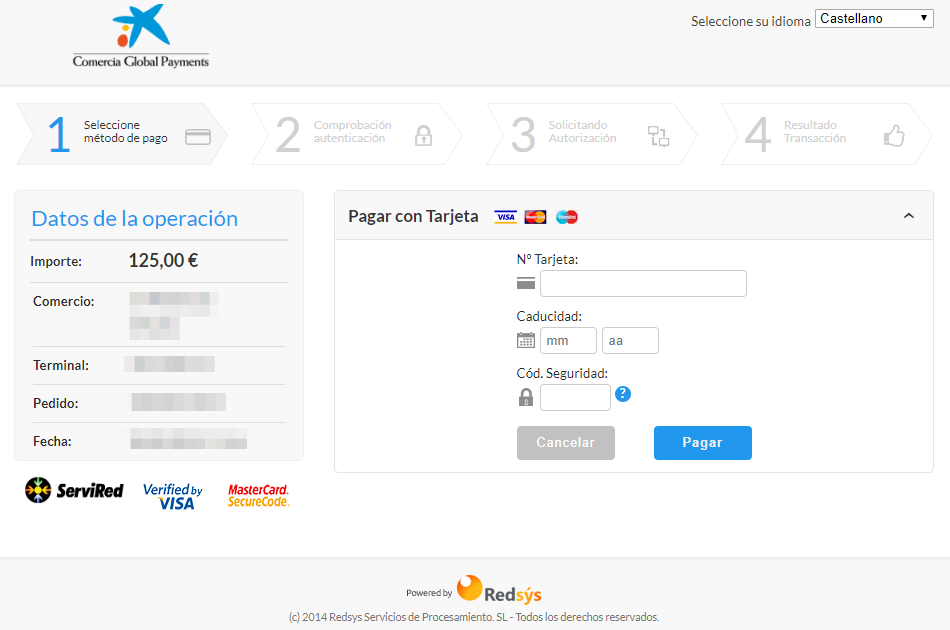 Página de externa de Redsys dónde tus clientes realizarán el pago, en este caso, a través de la entidad La Caixa.